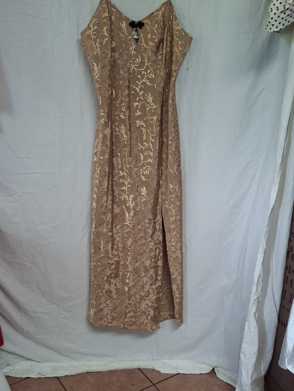 Vtg 90s Y2K Delicates Tan Gold Floral Jacquard Satin Slip Maxi Dress M